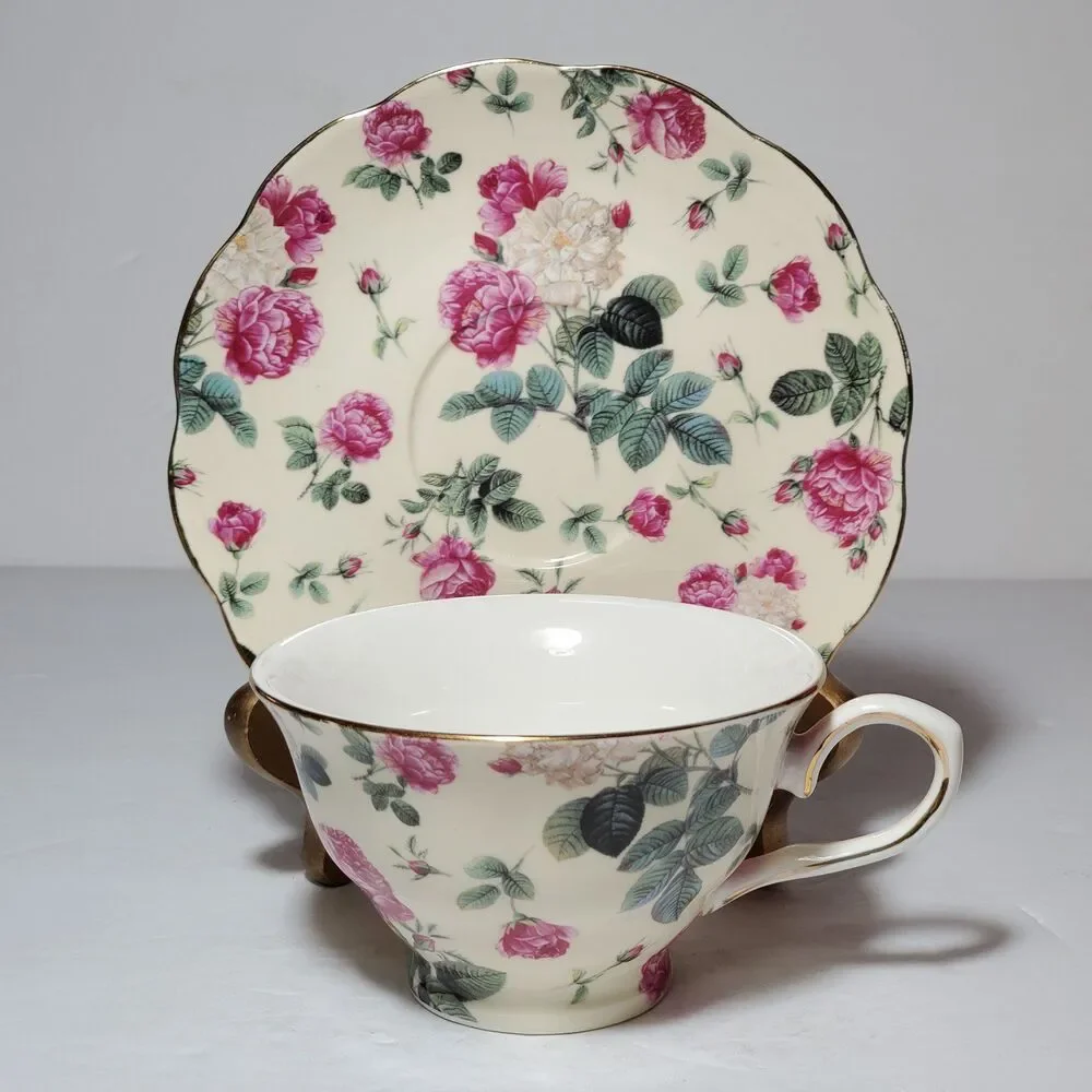 Gracie China Teacup and Saucer Rose Chintz